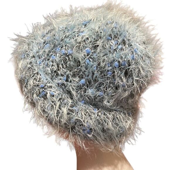 ladies Blue & White Fluffy Soft Wool Cap Hat Beanie - Picture 4 of 8